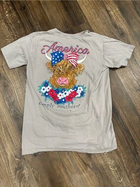 Simply Southern Light Gray Tee with Patriotic Cow and Floral Graphic